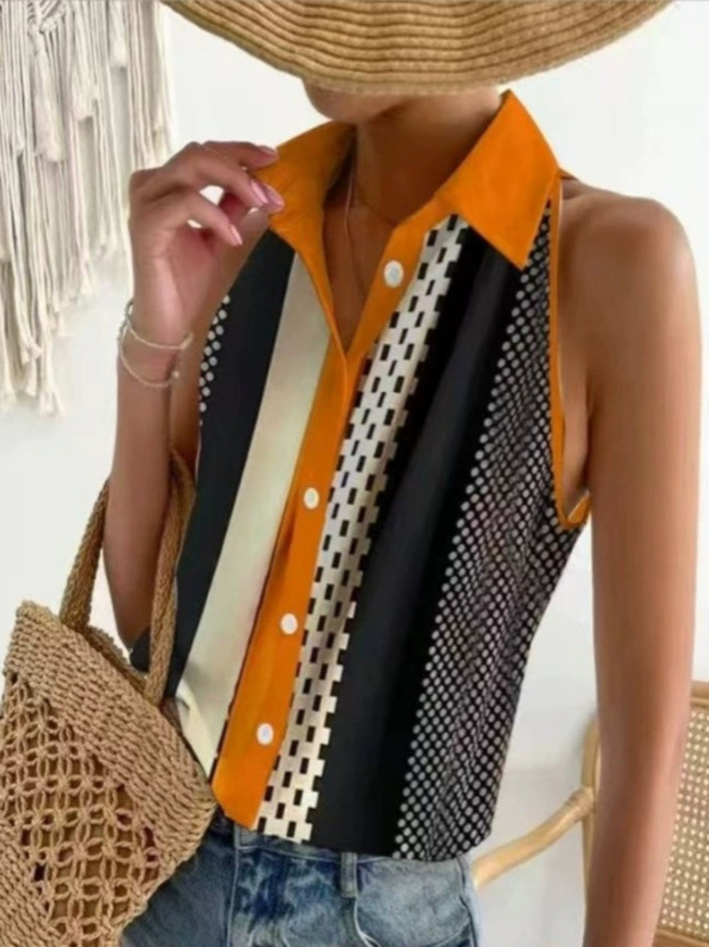ZARA Summer Casual Fashion Off Shoulder Sleeveless Button Print Blouse